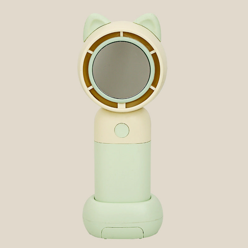 Cooling portable handheld bladeless fan with built-in mirror and rechargeable battery dock