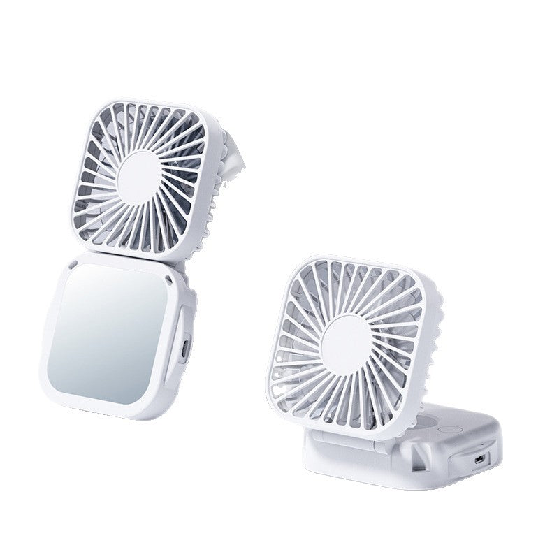 Unisex nan compact foldable clip on handheld desk fan with built in mirror adjustable tilt and USB rechargeable battery
