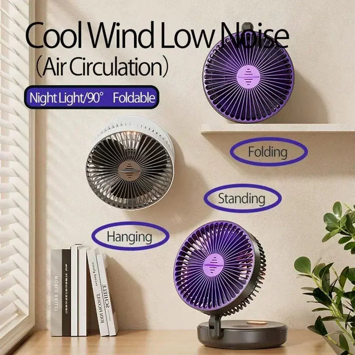 Unisex one size compact folding rechargeable USB Type C desk fan with adjustable tilt angle and integrated LED night light