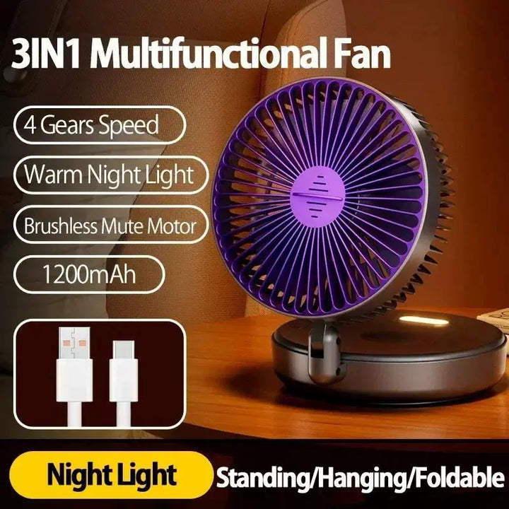 Unisex one size compact folding rechargeable USB Type C desk fan with adjustable tilt angle and integrated LED night light
