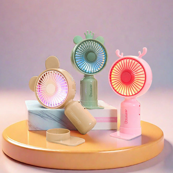Ladies portable USB mini fan with LED night light folding stand and cute design