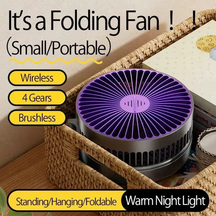 Unisex one size compact folding rechargeable USB Type C desk fan with adjustable tilt angle and integrated LED night light