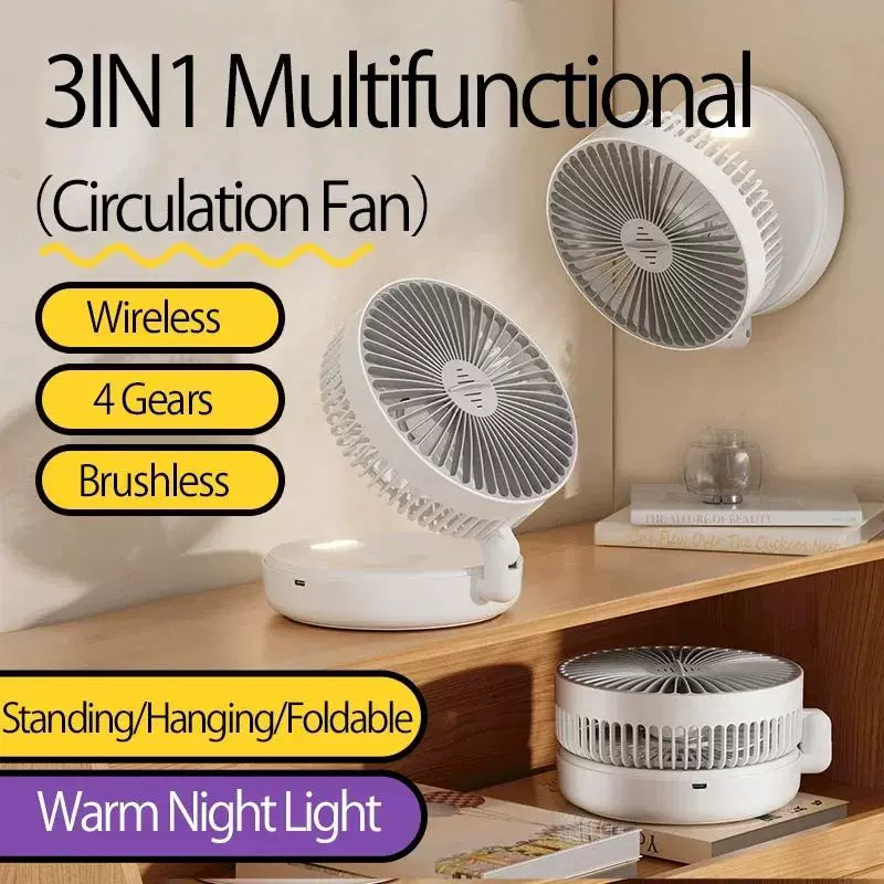 Unisex one size compact folding rechargeable USB Type C desk fan with adjustable tilt angle and integrated LED night light