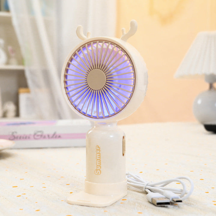 Ladies portable USB mini fan with LED night light folding stand and cute design