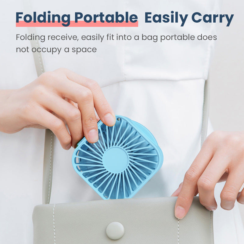 Unisex nan compact foldable clip on handheld desk fan with built in mirror adjustable tilt and USB rechargeable battery