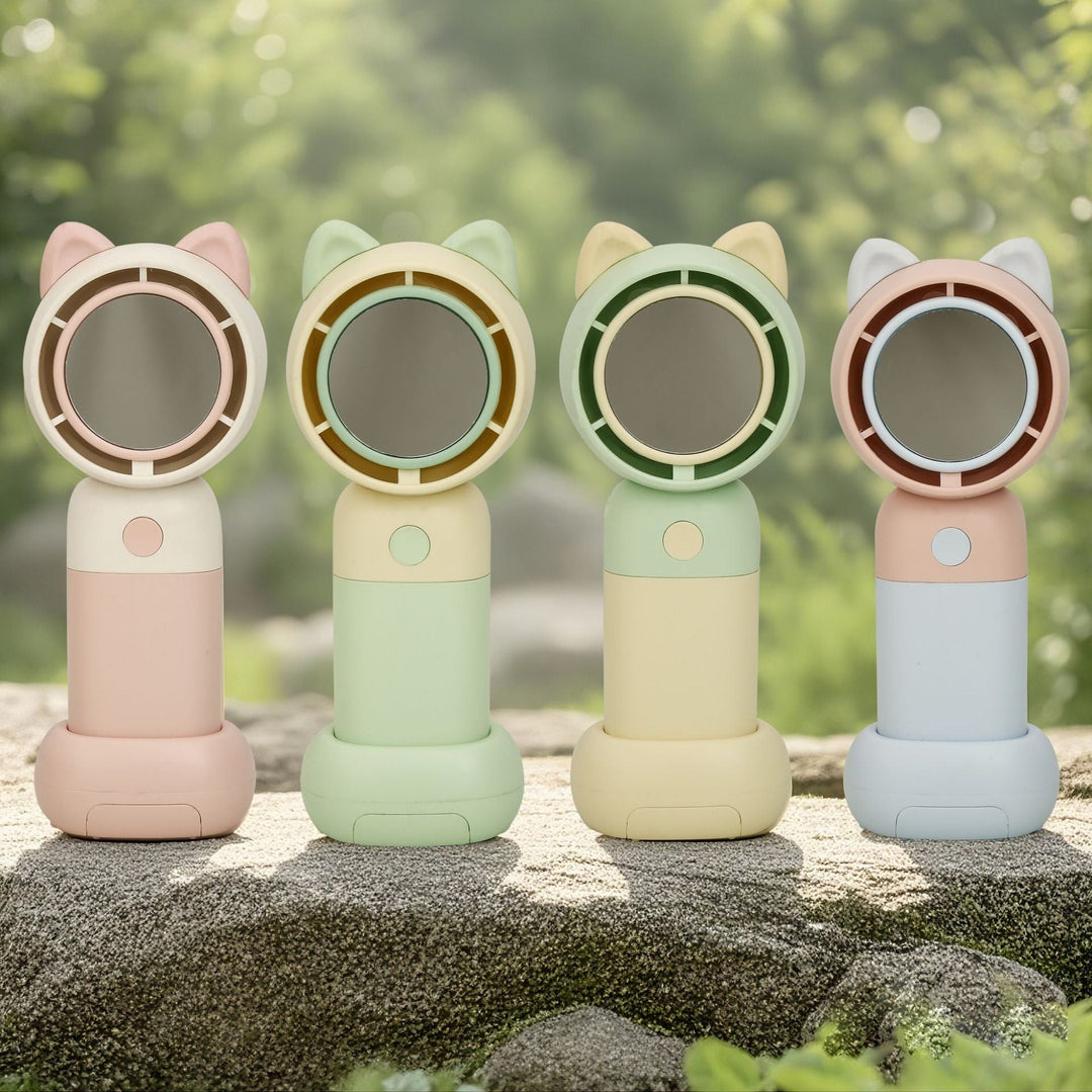 Cooling portable handheld bladeless fan with built-in mirror and rechargeable battery dock