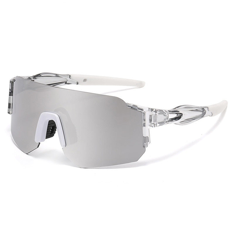 Unisex nan Wraparound sports sunglasses with mirrored one-piece visor and flexible plastic temple