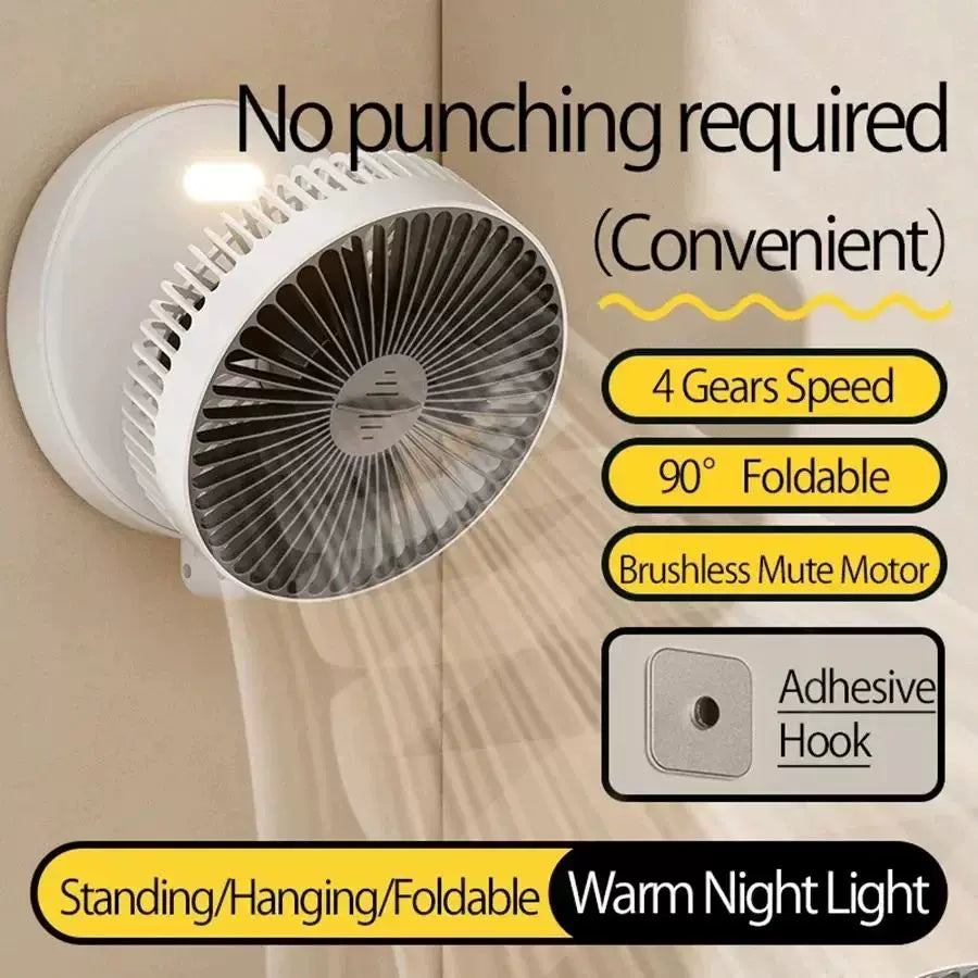 Unisex one size compact folding rechargeable USB Type C desk fan with adjustable tilt angle and integrated LED night light