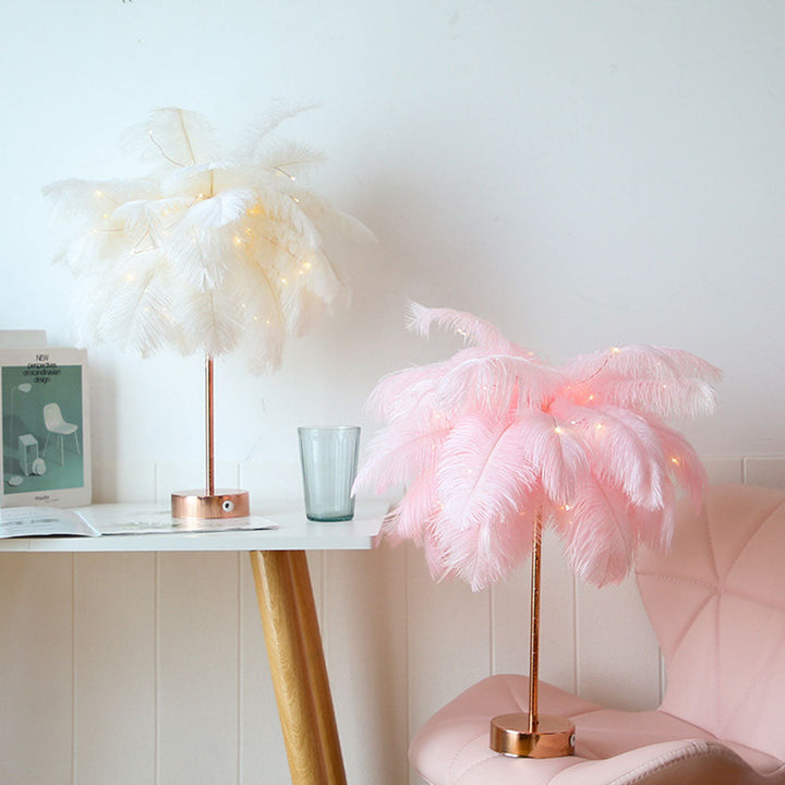 Ostrich Night Light | Eccentric Lamp with Feathers &amp; Rose Gold Base |