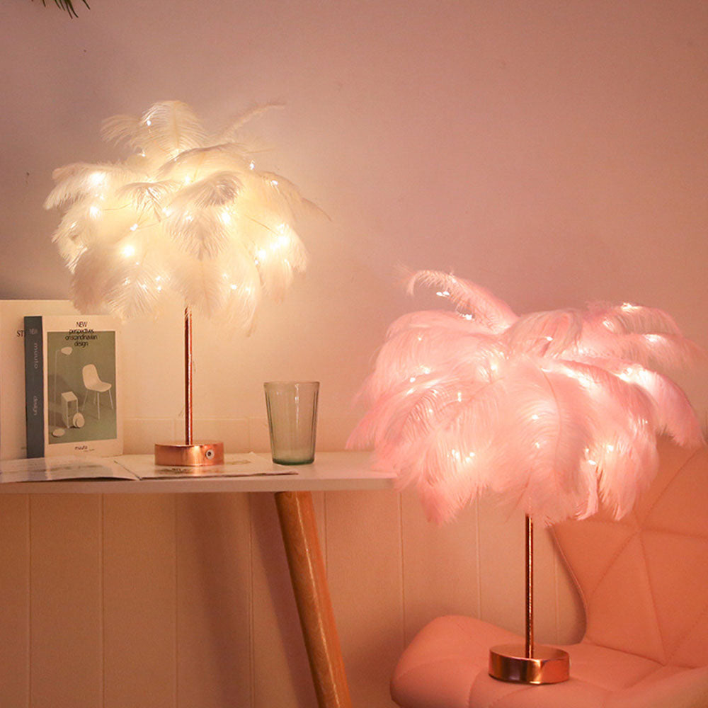 Ostrich Night Light | Eccentric Lamp with Feathers &amp; Rose Gold Base |
