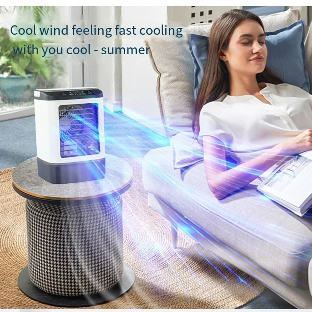 USB Portable Mini Air Conditioner Fan – 3-Speed Desktop Cooling Fan with LED Night Light, Air Cooler for Home, Office, and Camping |