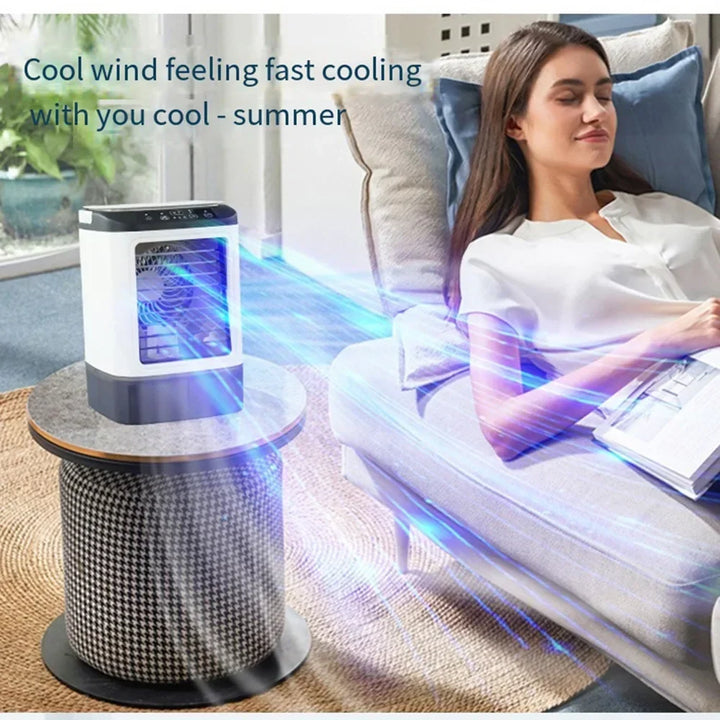 USB Portable Mini Air Conditioner Fan – 3-Speed Desktop Cooling Fan with LED Night Light, Air Cooler for Home, Office, and Camping |