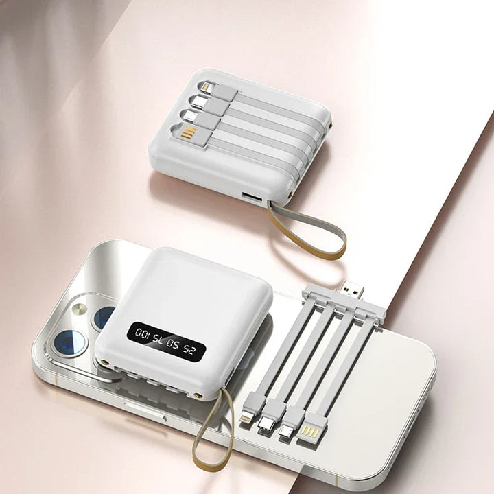 Mini Powerbank with Mirror Display | 20,000 mAh | Quick Charge Function &amp; Integrated Cables | For iPhone, Samsung, Xiaomi &amp; more