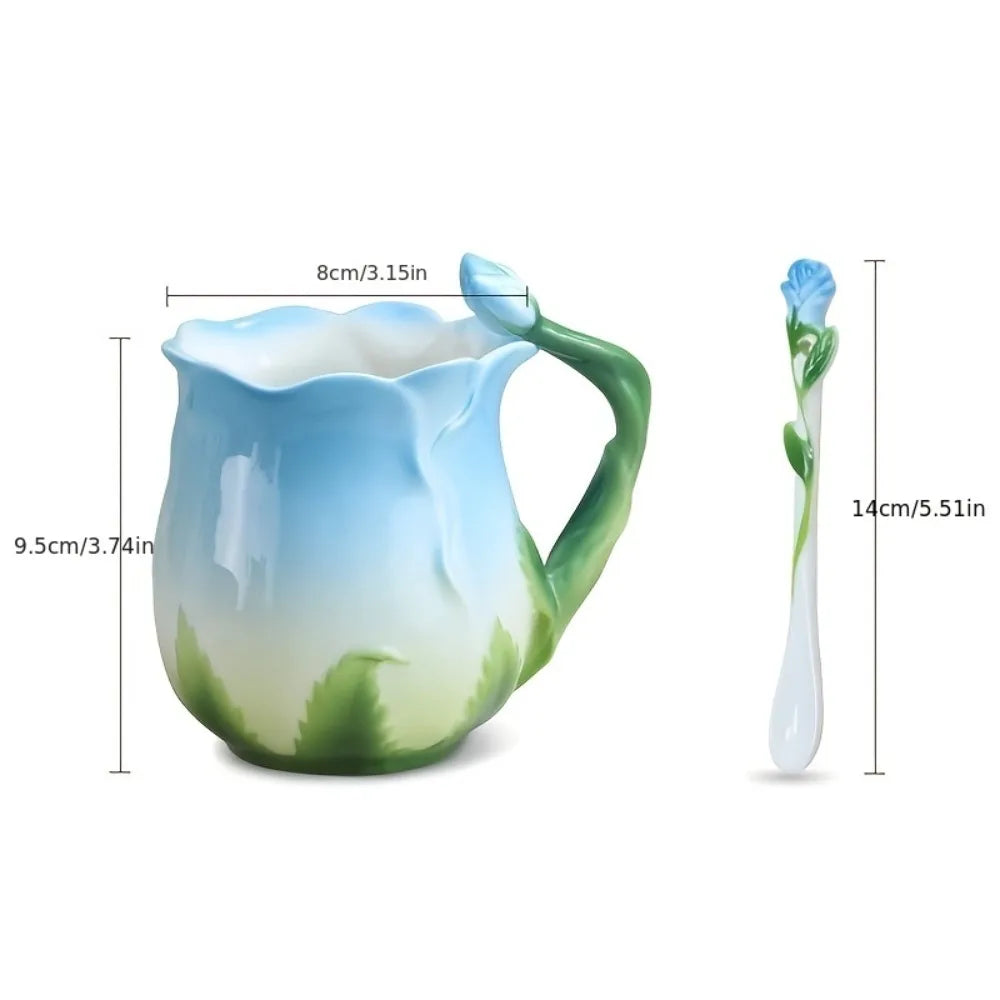 BowLift | 3D Rose Flower Coffee Mug Ceramic Coffee Mugs Cute Aesthetic Water Cups with Spoon Summer Winter Drinking Utensils Valentine&