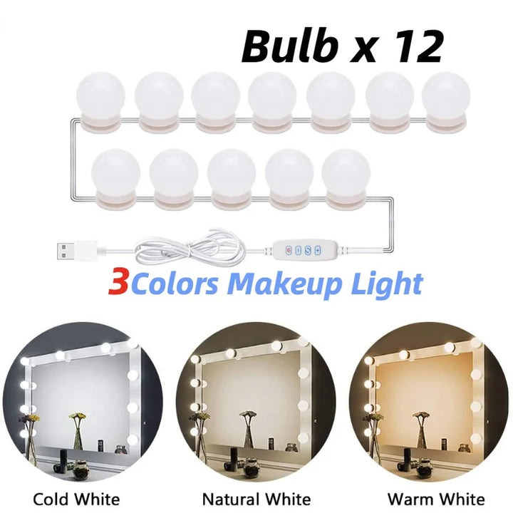 Glamora | LED Makeup Mirror Light Set | 10 Hollywood-Style Lamps | USB, Dimmable &amp; 3 colour Modes