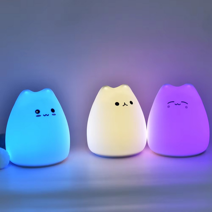 Charming Cat Silicone Night Light with 7-colour Touch Sensor