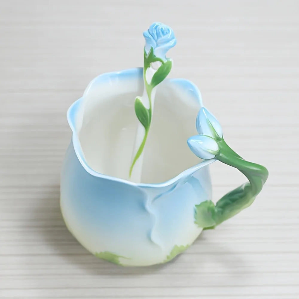 BowLift | 3D Rose Flower Coffee Mug Ceramic Coffee Mugs Cute Aesthetic Water Cups with Spoon Summer Winter Drinking Utensils Valentine&