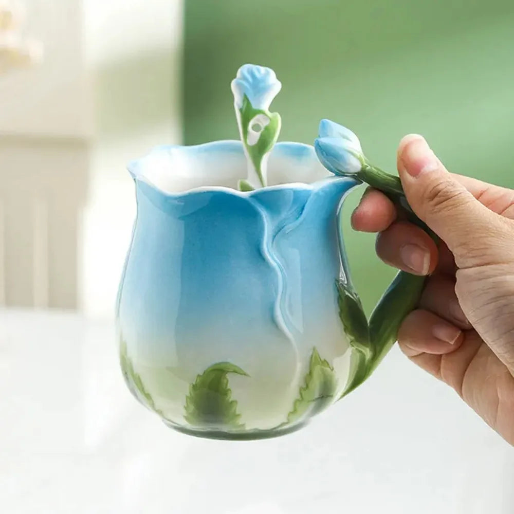 BowLift | 3D Rose Flower Coffee Mug Ceramic Coffee Mugs Cute Aesthetic Water Cups with Spoon Summer Winter Drinking Utensils Valentine&