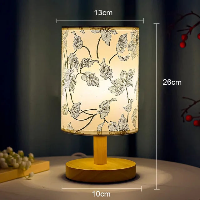 Dimmable LED bedside lamp with fabric shade in plum blossom – Perfect bedroom night lamp