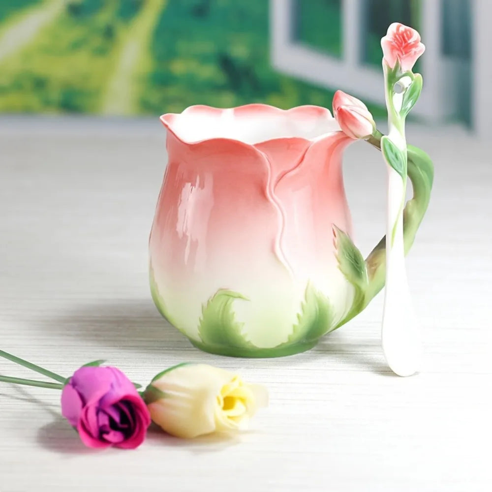 BowLift | 3D Rose Flower Coffee Mug Ceramic Coffee Mugs Cute Aesthetic Water Cups with Spoon Summer Winter Drinking Utensils Valentine&