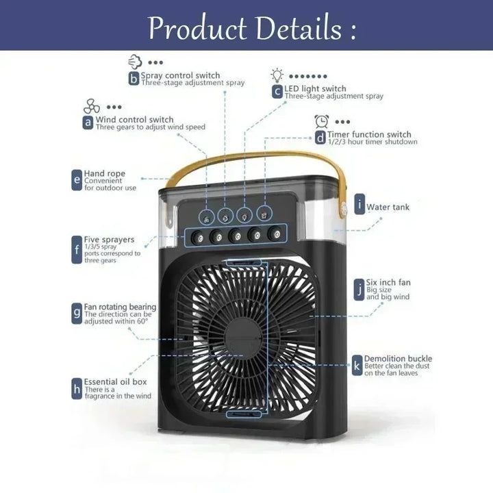 3-in-1 Mini Air Cooler Fan – Portable Household Air Conditioner with LED Night Light, Humidifier, and Adjustable Air for Home &amp; Office |