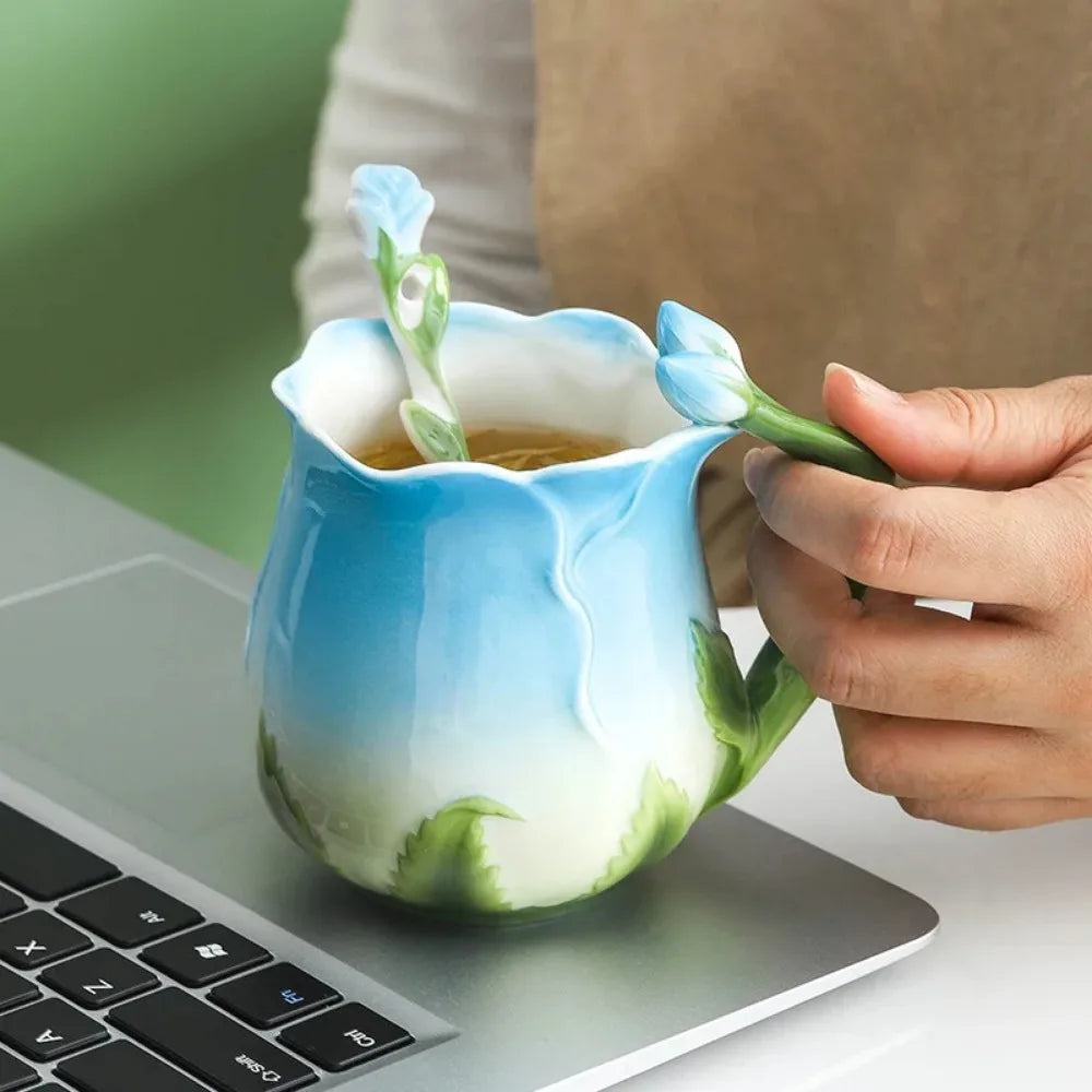 BowLift | 3D Rose Flower Coffee Mug Ceramic Coffee Mugs Cute Aesthetic Water Cups with Spoon Summer Winter Drinking Utensils Valentine&