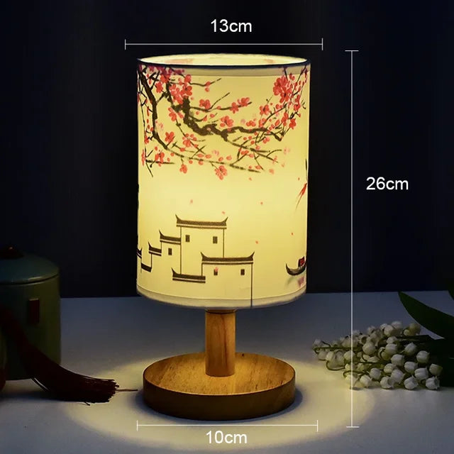 Dimmable LED bedside lamp with fabric shade in plum blossom – Perfect bedroom night lamp