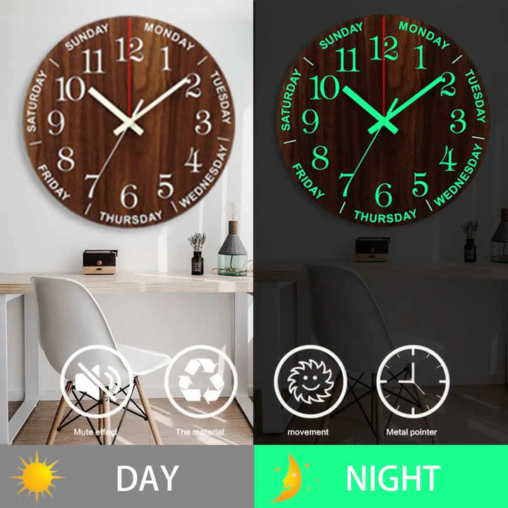 GlowClock – Luxe Wooden Wall Clock with Night Light