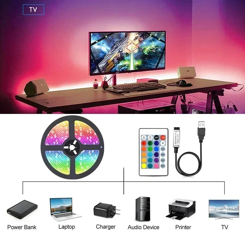 RGB 5050 LED Strip Light with Remote Control &amp; App Control - USB-powered
