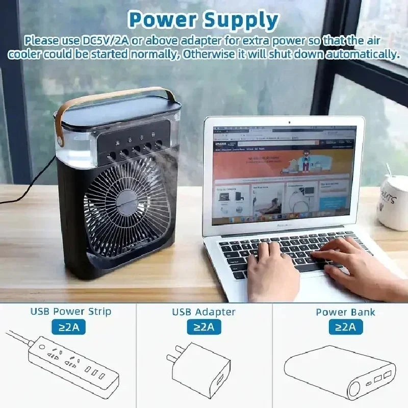 Portable USB Electric Fan with LED Night Light and Water Mist - 3-in-1 Air Humidifier for Home |