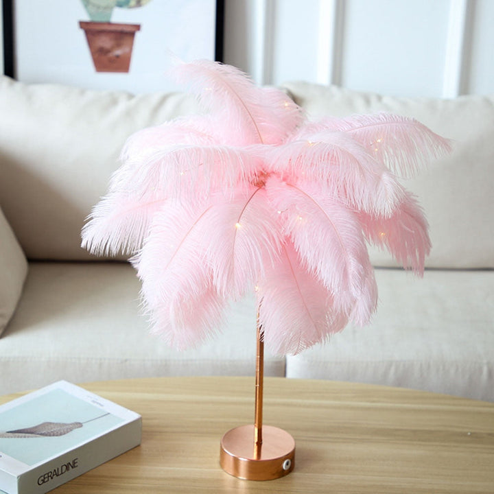 Ostrich Night Light | Eccentric Lamp with Feathers &amp; Rose Gold Base |