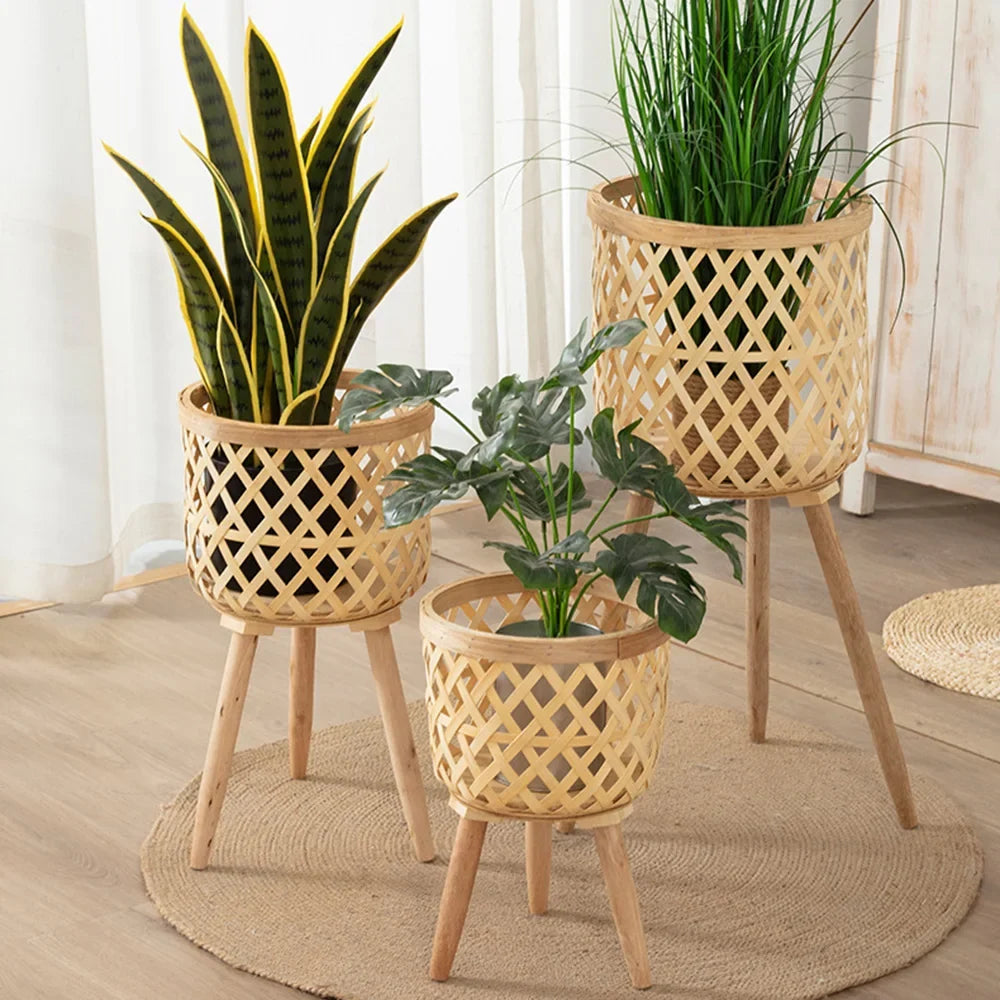 BowLift | Handcrafted Bamboo Woven Flower Pot with Stand Plant Flower Display Storage Stand DIY Storage Children&