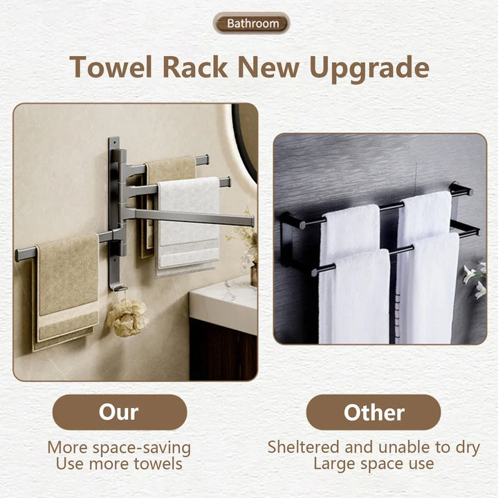BowLift | Bathroom Towel Holder Rotatable Towel Rack Space Aluminum 1/2/3/4/5-Bar Towel Holder Kitchen Shelf Kitchen Hanging Shelf Wall Mounted