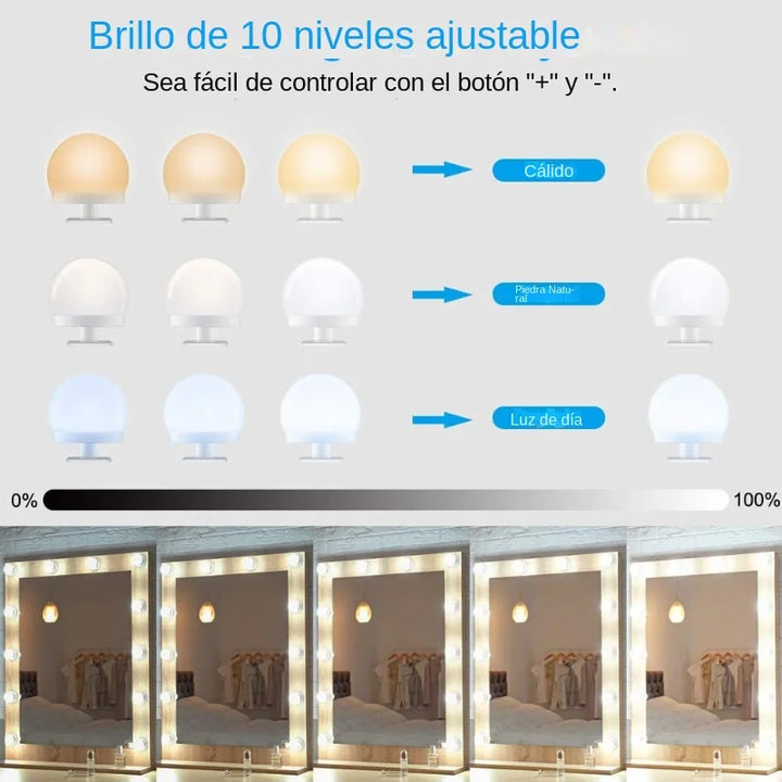 Glamora | LED Makeup Mirror Light Set | 10 Hollywood-Style Lamps | USB, Dimmable &amp; 3 colour Modes