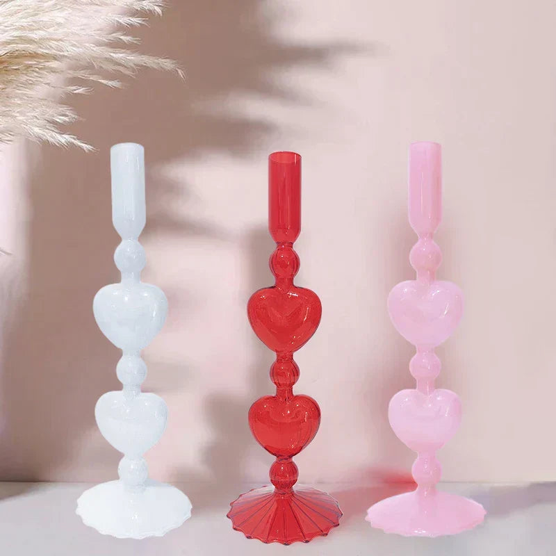 BowLift | Retro Taper Candle Holder Red Heart Shape Glass Candle Holder Wedding Table Decoration Home Party Glass Vase Decor