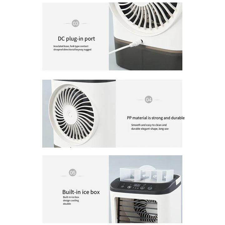 USB Portable Mini Air Conditioner Fan – 3-Speed Desktop Cooling Fan with LED Night Light, Air Cooler for Home, Office, and Camping |