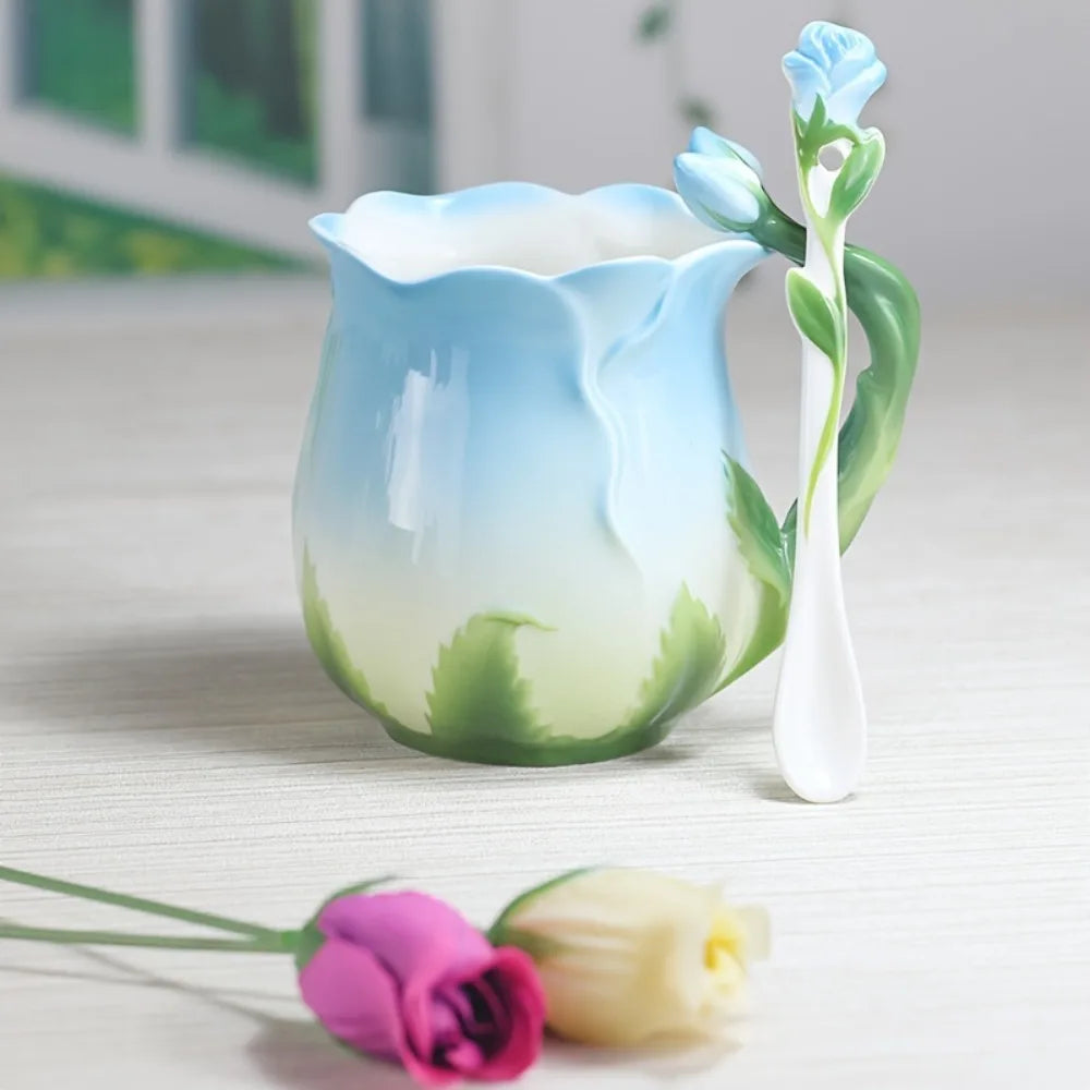 BowLift | 3D Rose Flower Coffee Mug Ceramic Coffee Mugs Cute Aesthetic Water Cups with Spoon Summer Winter Drinking Utensils Valentine&