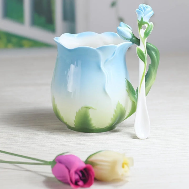 BowLift | 3D Rose Flower Coffee Mug Ceramic Coffee Mugs Cute Aesthetic Water Cups with Spoon Summer Winter Drinking Utensils Valentine&