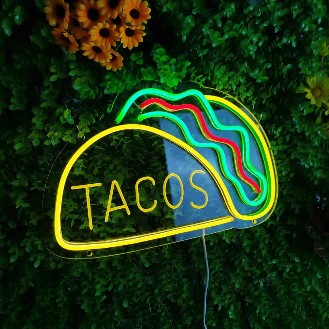 Neon Fast Food Sign – Bright Tacos Design, LED Night Light for Restaurants and Kitchens |