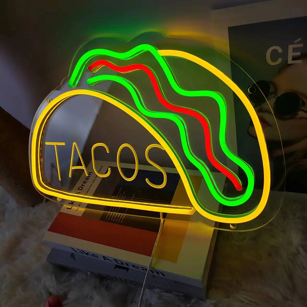 Neon Fast Food Sign – Bright Tacos Design, LED Night Light for Restaurants and Kitchens |
