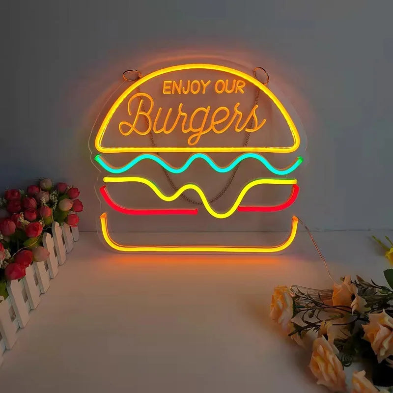 Neon Fast Food Sign – Bright Tacos Design, LED Night Light for Restaurants and Kitchens |