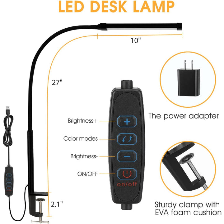 LED Desk Lamp with Lamp, eye-friendly Clip-On Lights for the Home Office, 3 Modes 10 Brightness Levels, long flexible Gooseneck, Metal, Swing Arm Architect Task Desk Lamps with USB Adapter, White