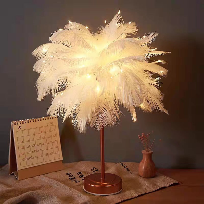 Ostrich Night Light | Eccentric Lamp with Feathers &amp; Rose Gold Base |