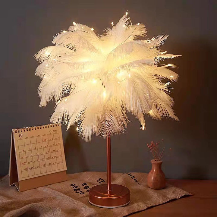 Ostrich Night Light | Eccentric Lamp with Feathers &amp; Rose Gold Base |