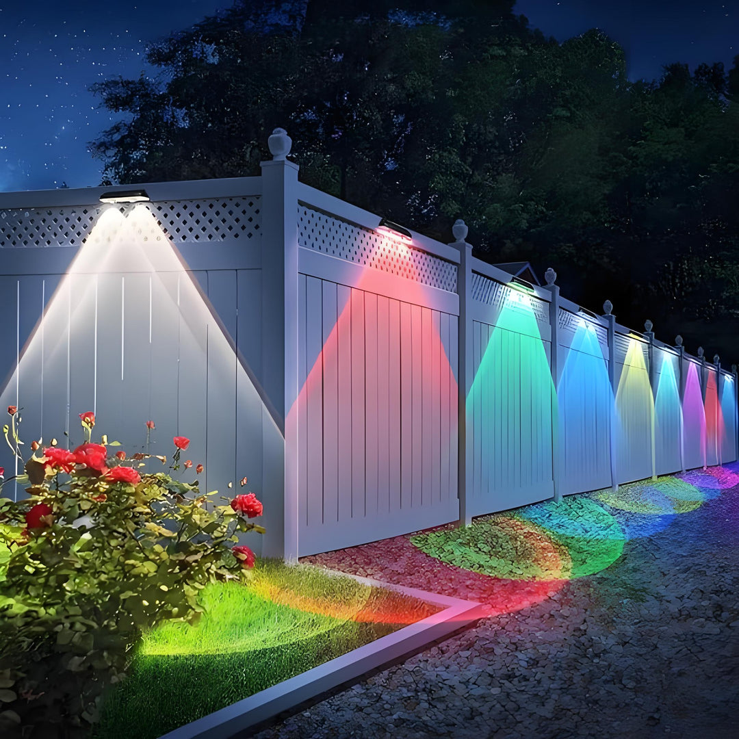 Solar fence lights outdoor warm white &amp; RGB changing solar deck lights, LED solar lights for outdoor wall railing terrace stairs step garden backyard