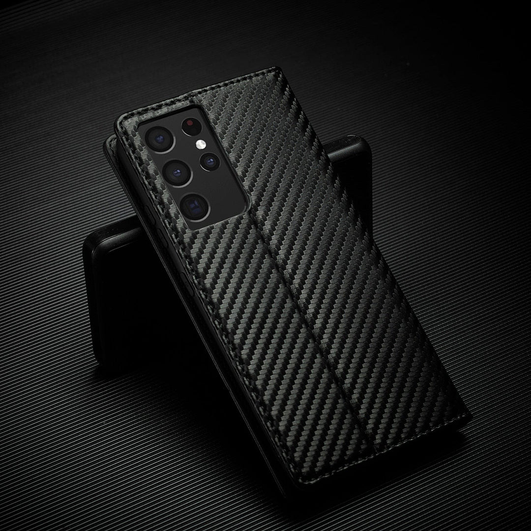 S23 Phone case | Card holder made of carbon fiber leather with magnetic closure