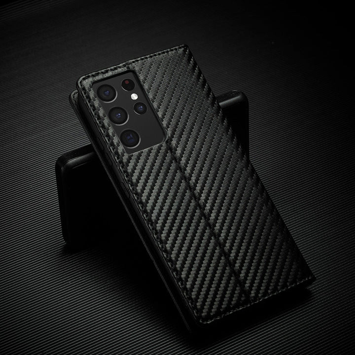 S23 Phone case | Card holder made of carbon fiber leather with magnetic closure