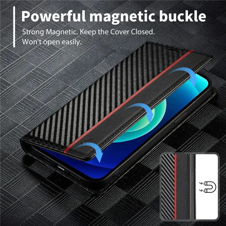 S23 Phone case | Card holder made of carbon fiber leather with magnetic closure