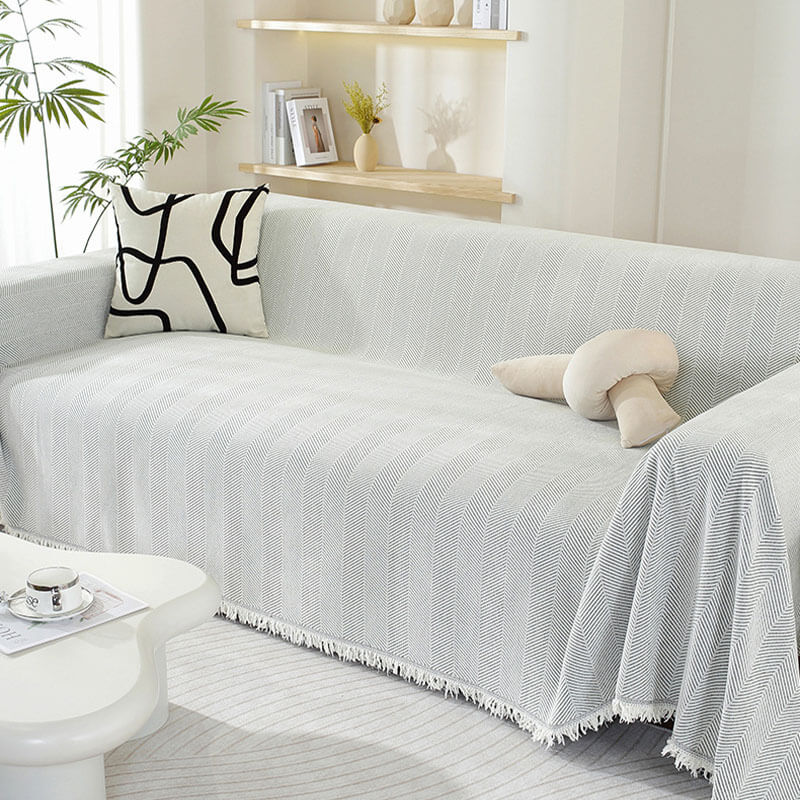 Chenille Sofa Cover Herringbone Tassel Design