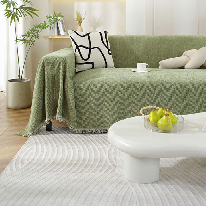 Chenille Sofa Cover Herringbone Tassel Design